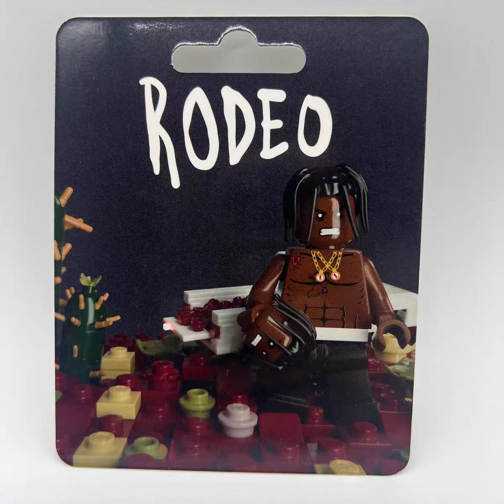 Travis Scott Rodeo custom minifigure in premium packaging, featuring detailed design and hip-hop theme.