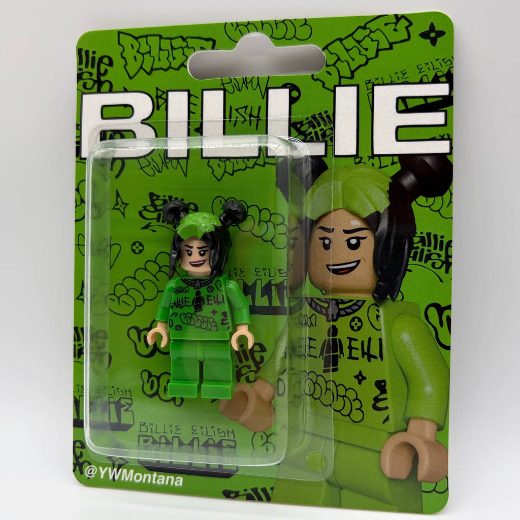 Billie Eilish Custom Minifigure: Neon green streetwear, black double buns, graffiti packaging.