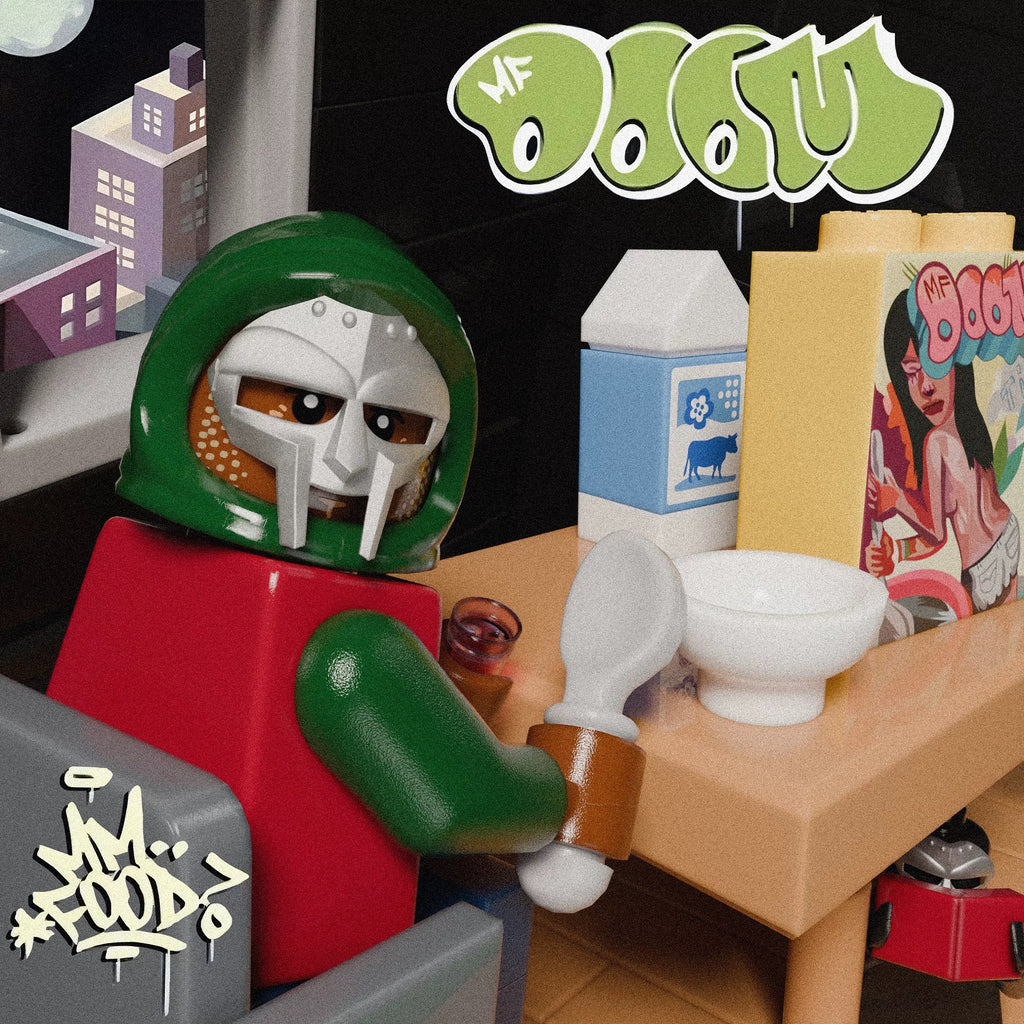 MF DOOM "MM...FOOD" minifigure with metal mask, green/red outfit, seated at breakfast table.
