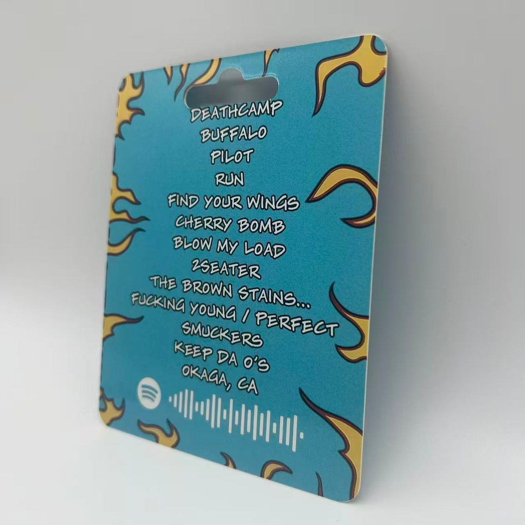 Tyler The Creator Cherry Bomb music tracklist display card with blue flame design.