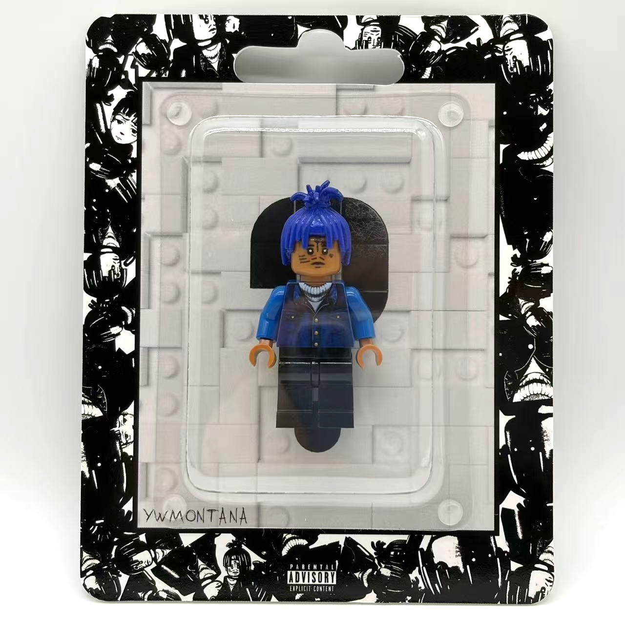 XXXTentacion custom minifigure with blue hair, detailed facial tattoos, in a black and white themed blister pack.