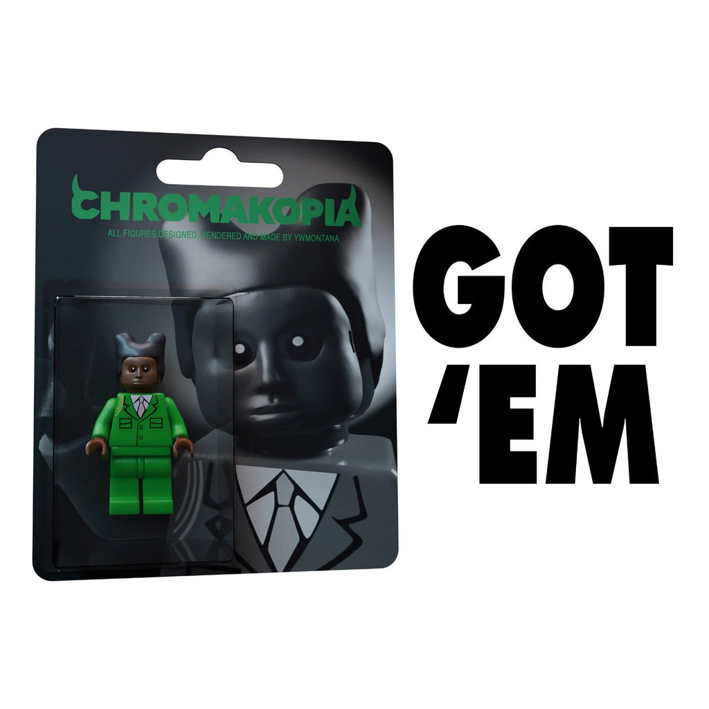 Tyler The Creator Chromakopia Custom Minifigure, green suit, unique hairstyle, displayed in blister packaging.