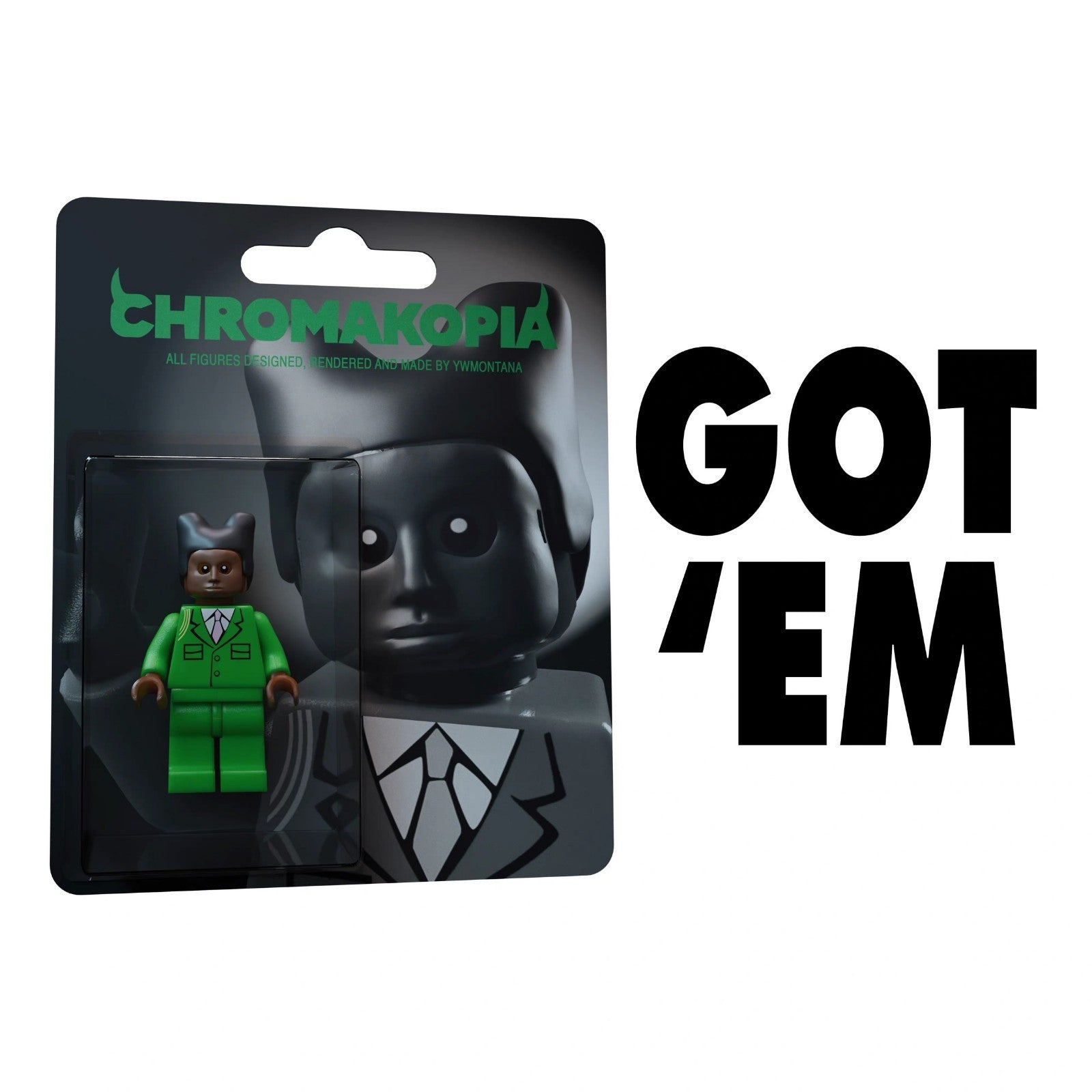 Tyler The Creator Chromakopia Custom Minifigure, green suit, unique hairstyle, displayed in blister packaging.
