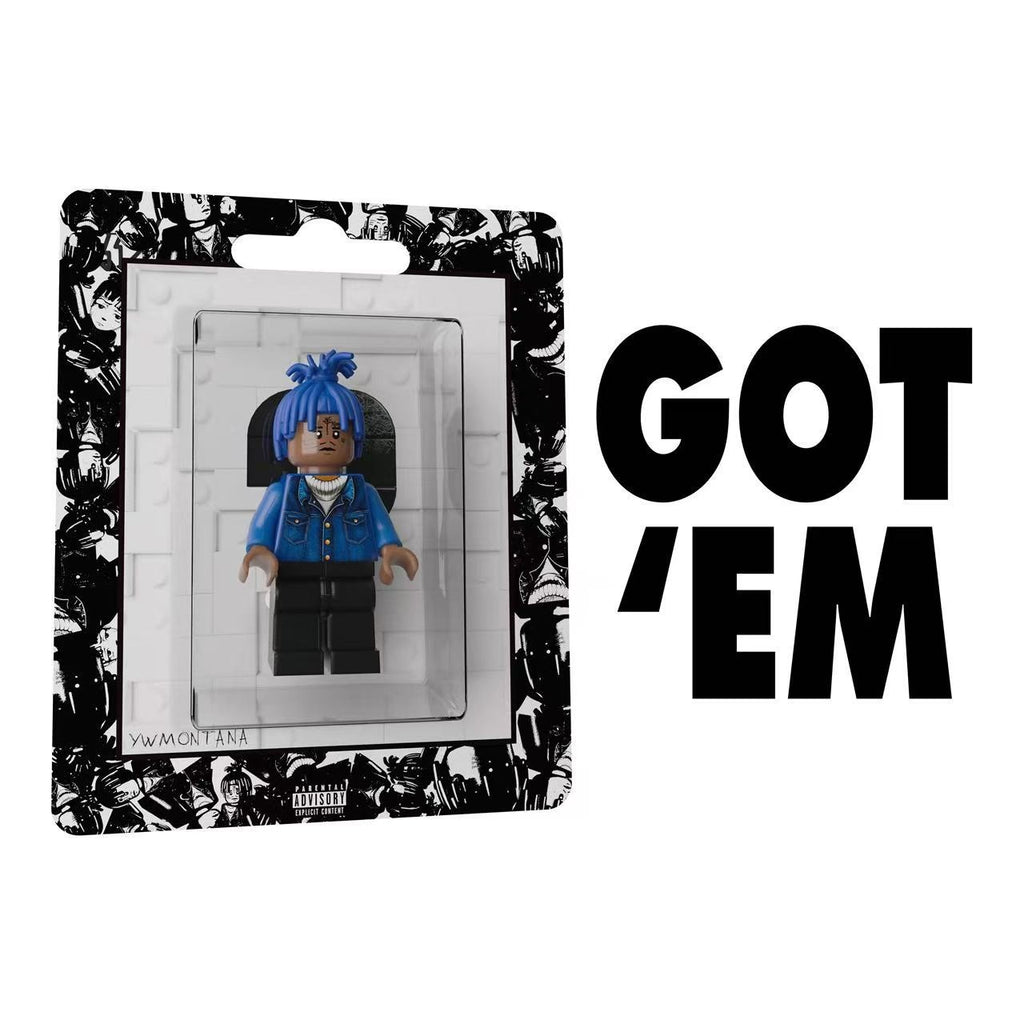 XXXTentacion custom minifigure with blue hair, tattoos, in blister pack, compatible with major brands.
