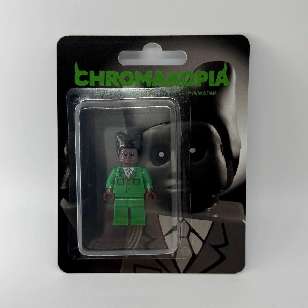 Tyler The Creator Chromakopia Custom Minifigure in green suit, blister pack with album art backing.