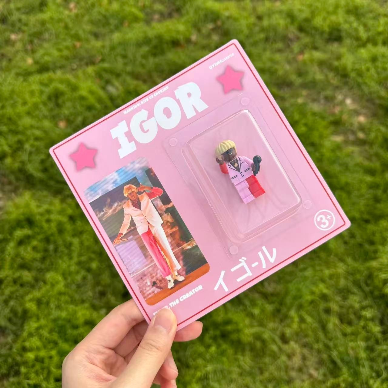 "Tyle, The Creator 'IGOR' custom minifigure in pink blister pack with IGOR art card, green background."