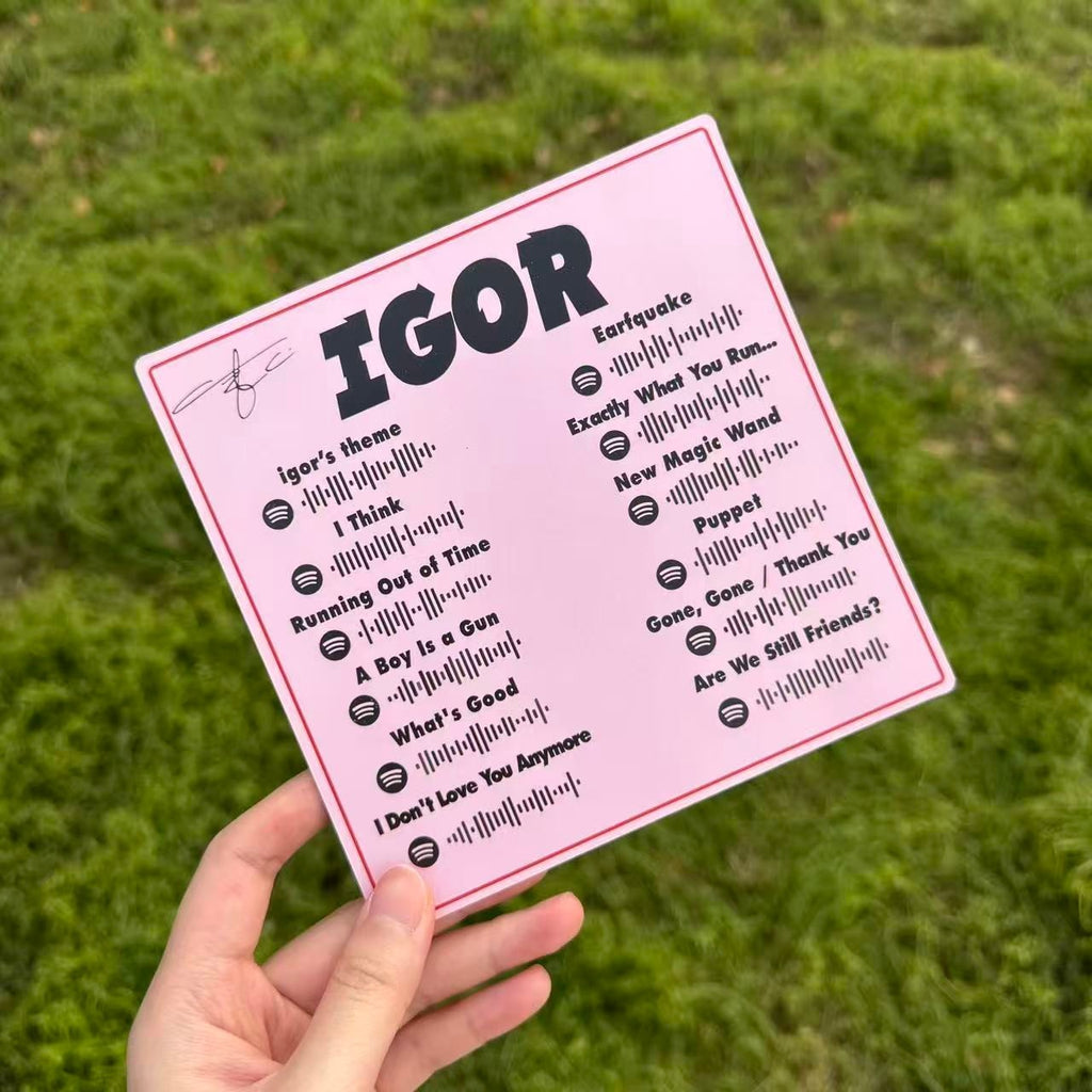 Pink IGOR album art card with tracklist and Spotify codes, held against a grass background.
