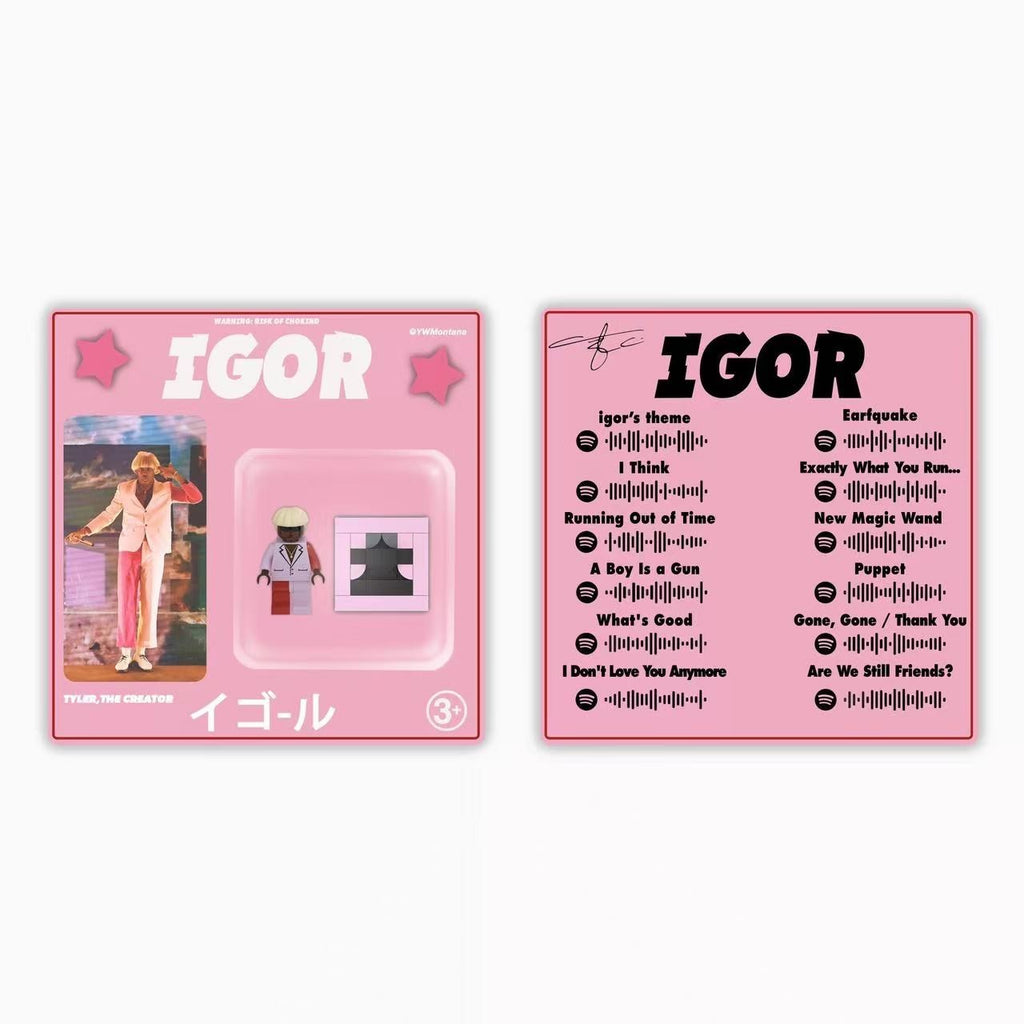 Tyler The Creator IGOR custom minifigure in pink blister pack, with signature split suit and hairpiece.