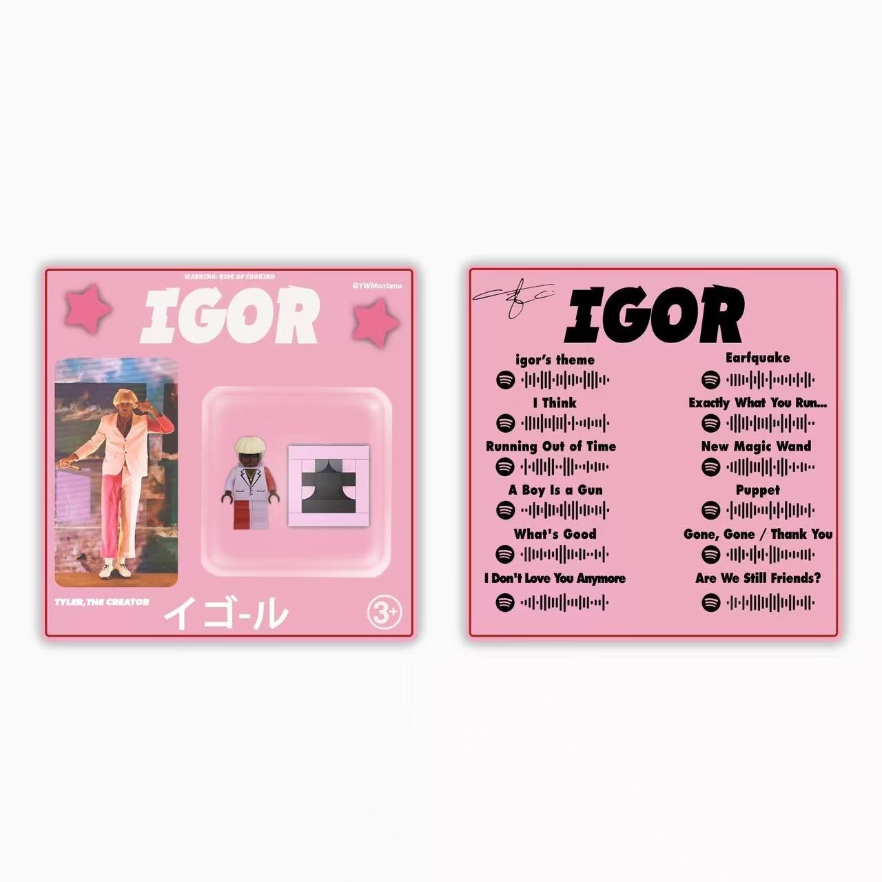 Tyler The Creator IGOR custom minifigure in pink blister pack, with signature split suit and hairpiece.