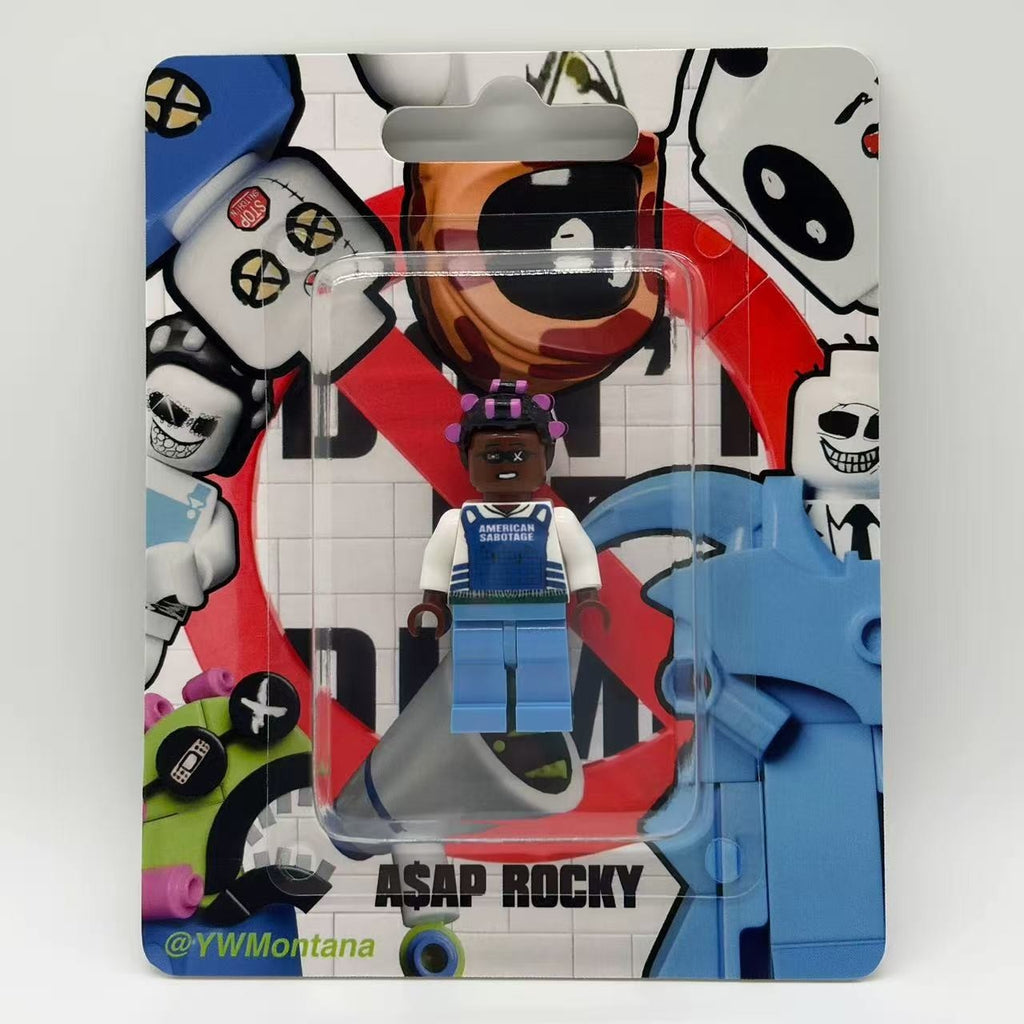 A$AP Rocky custom minifigure in "American Sabotage" vest with purple hair, in blister pack.