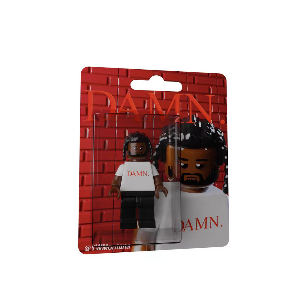 Kendrick Lamar "DAMN." album custom minifigure in white tee, black pants, red artwork packaging.