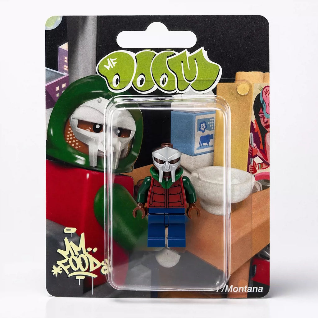MF DOOM "MM...FOOD" custom minifigure featuring metallic mask, red-green hoodie, in collector blister pack.