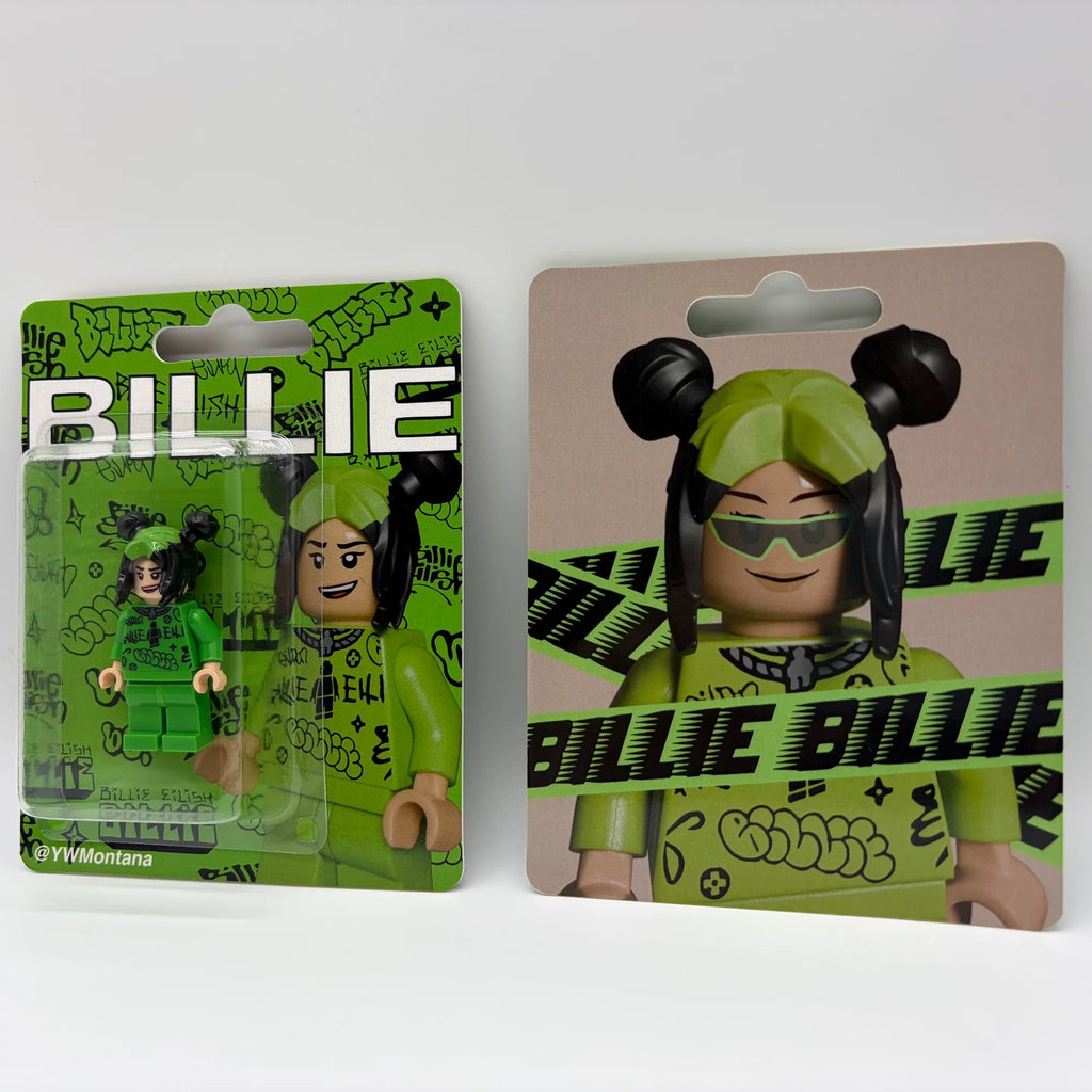 Billie Eilish custom minifigure with neon green and black hair, streetwear pop toy in blister packaging.