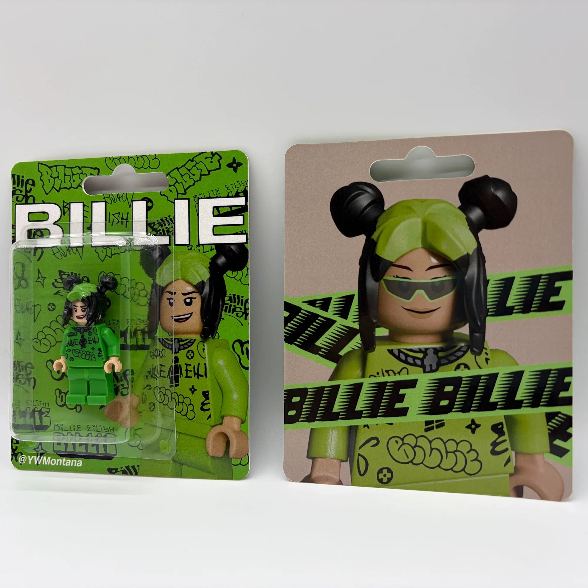 Billie Eilish custom minifigure with neon green and black hair, streetwear pop toy in blister packaging.