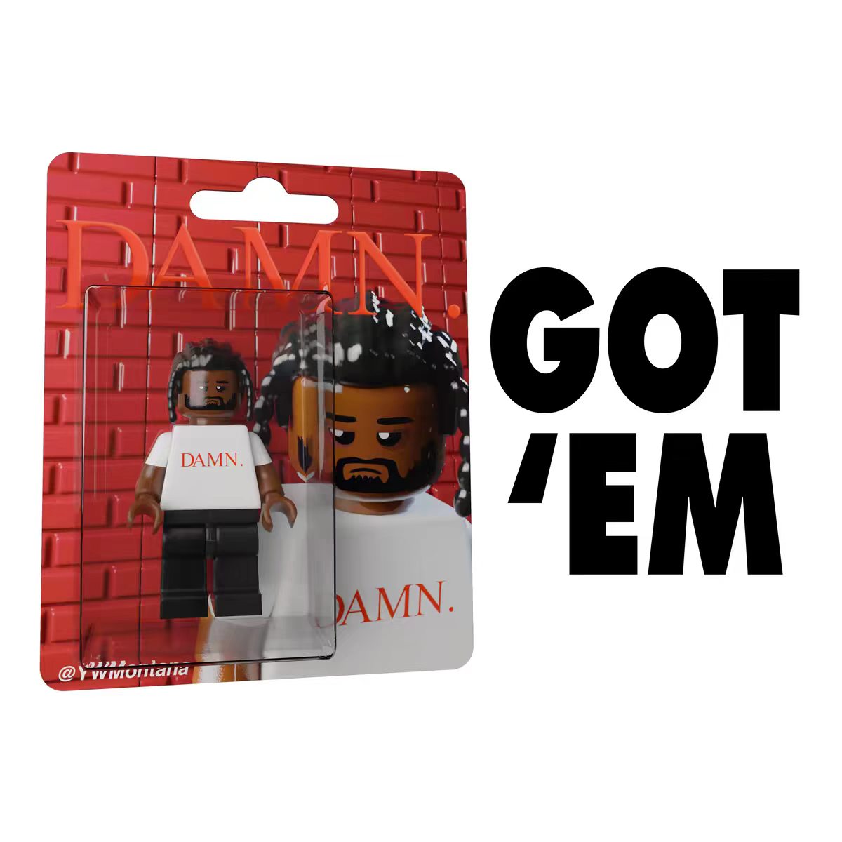 Kendrick Lamar "DAMN." custom minifigure with white tee, black pants, braided hair in display packaging.