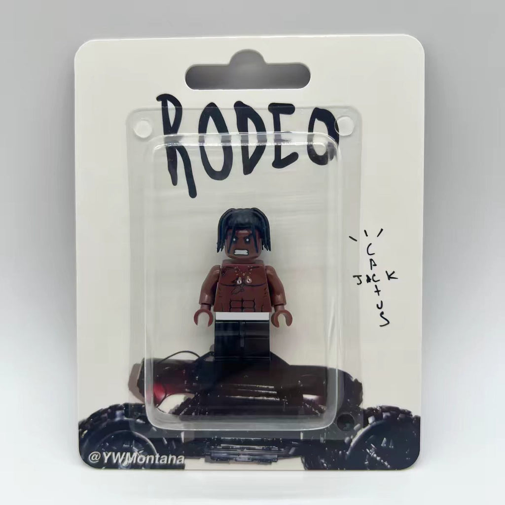Travis Scott Rodeo Custom Minifigure in blister pack; brown minifigure with printed details and packaging design.