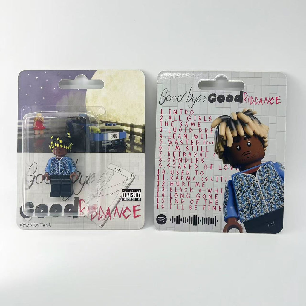 Juice WRLD "Goodbye & Good Riddance" minifigure with blue hoodie and packaging featuring album art and tracklist.