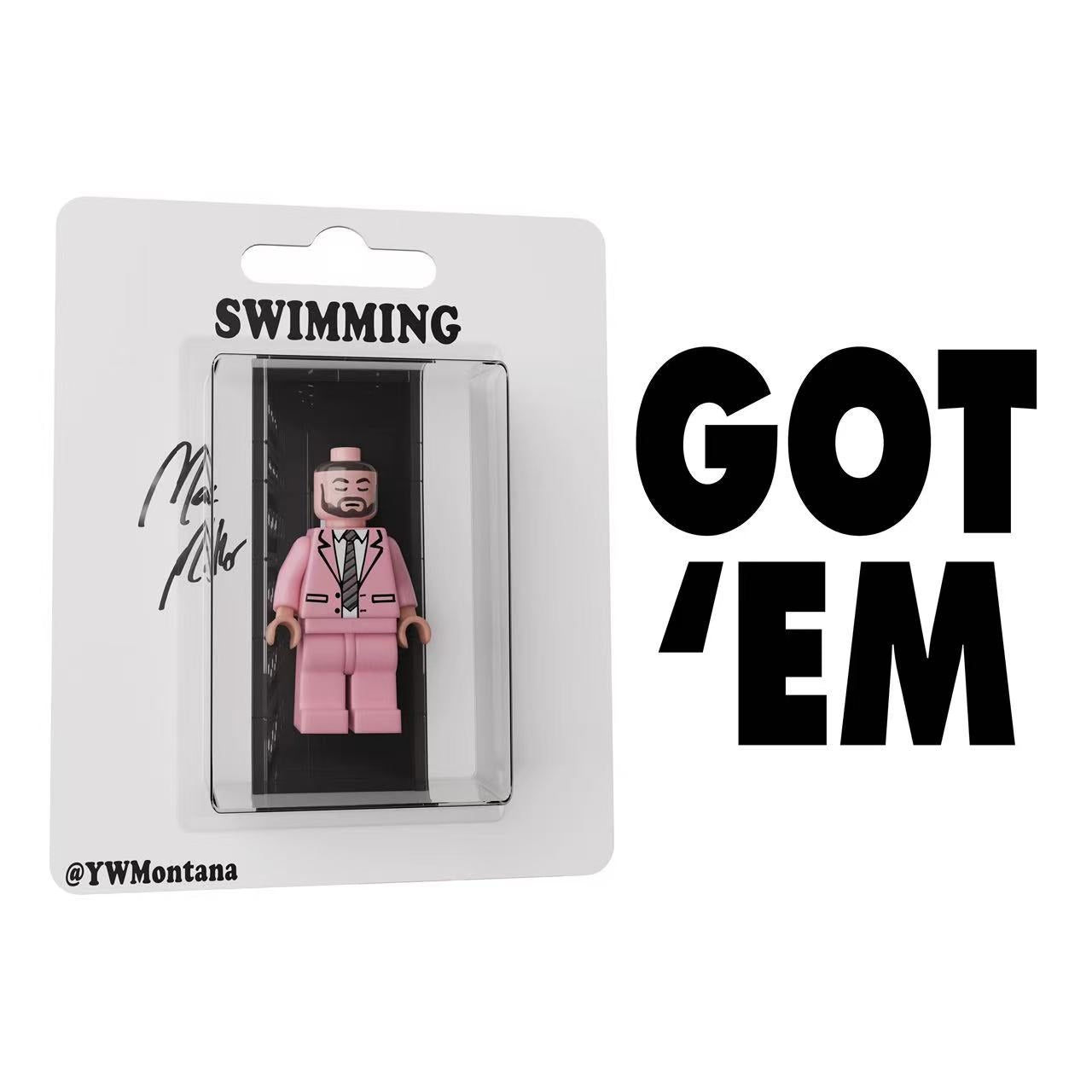 Mac Miller "Swimming" minifigure in pink suit, packaged in collector's blister pack with album-themed card.