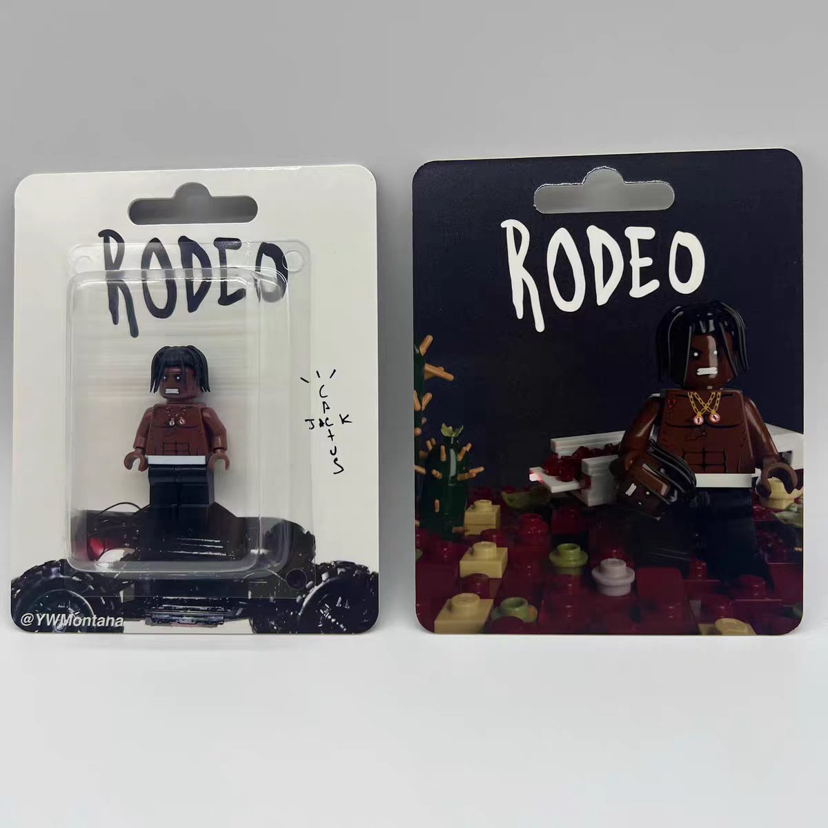 "Travis Scott Rodeo" custom minifigure in premium packaging, showcasing hip hop collectible appeal.