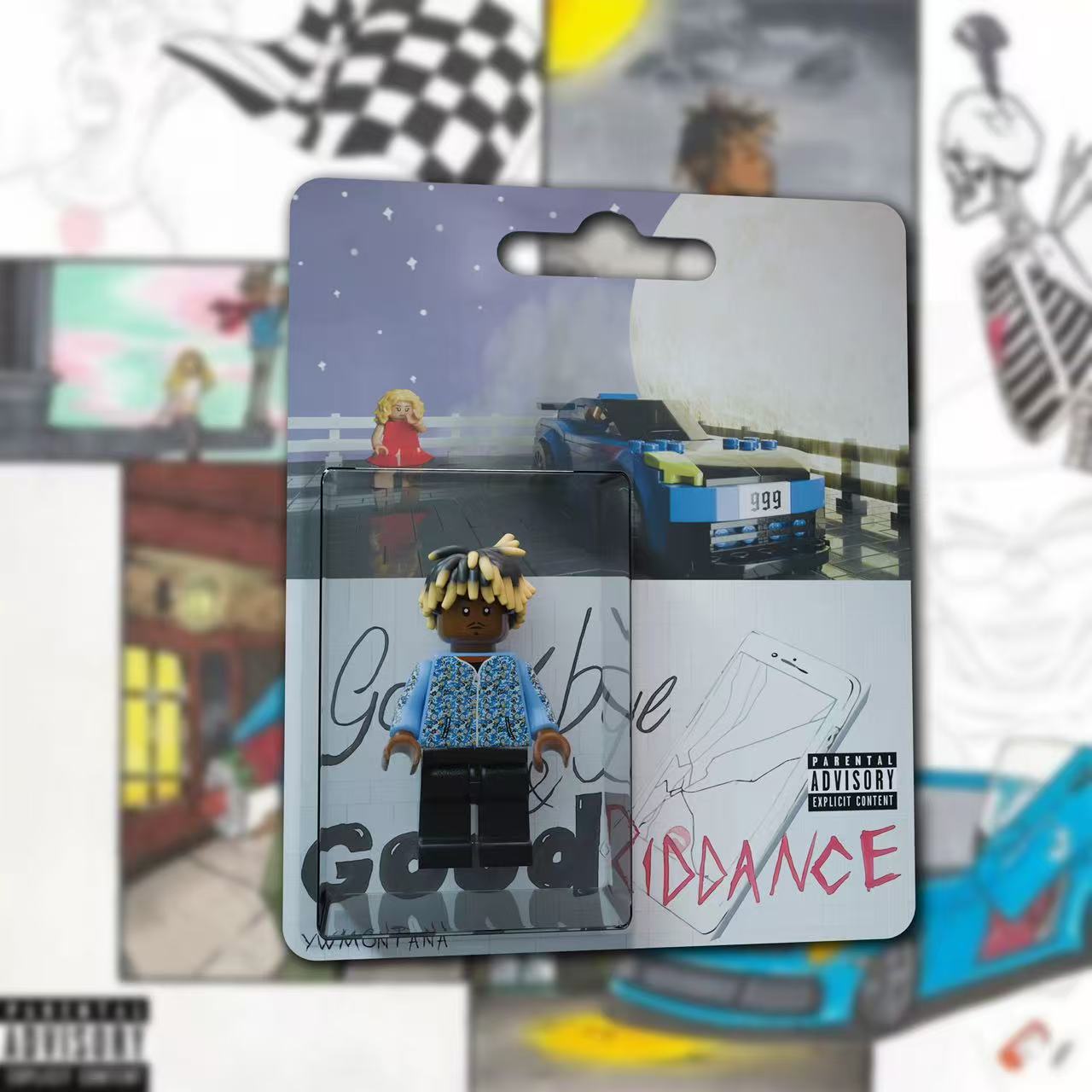 Juice WRLD "Goodbye & Good Riddance" custom minifigure; features detailed blue hoodie; collectible packaging.