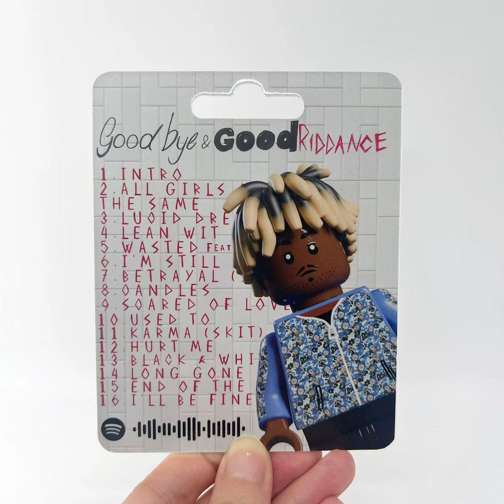 Juice WRLD "Goodbye & Good Riddance" minifigure in blister pack, featuring iconic album visuals.