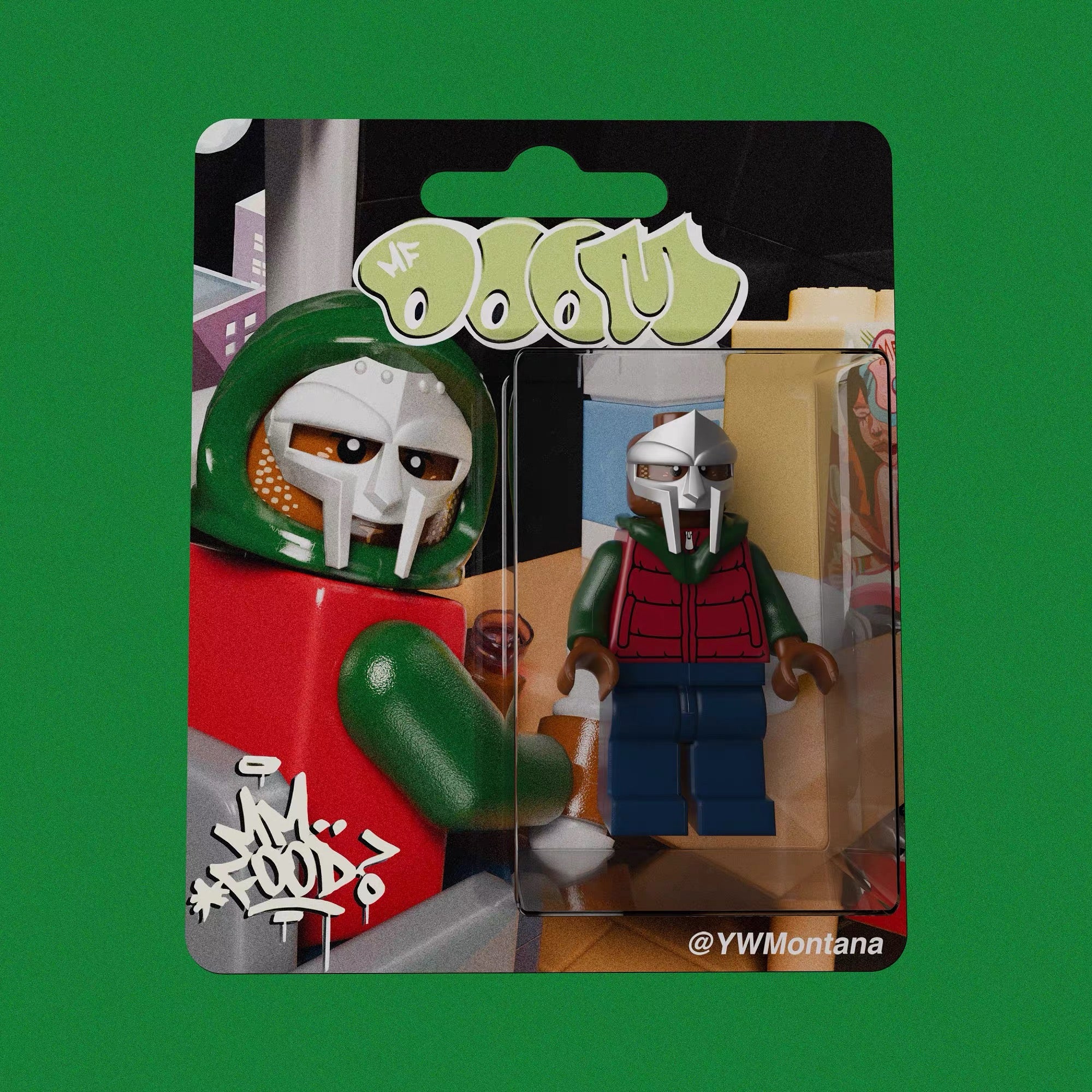 MF DOOM "MM...FOOD" Custom Minifigure, features iconic metallic mask, green/red hoodie, blue jeans.