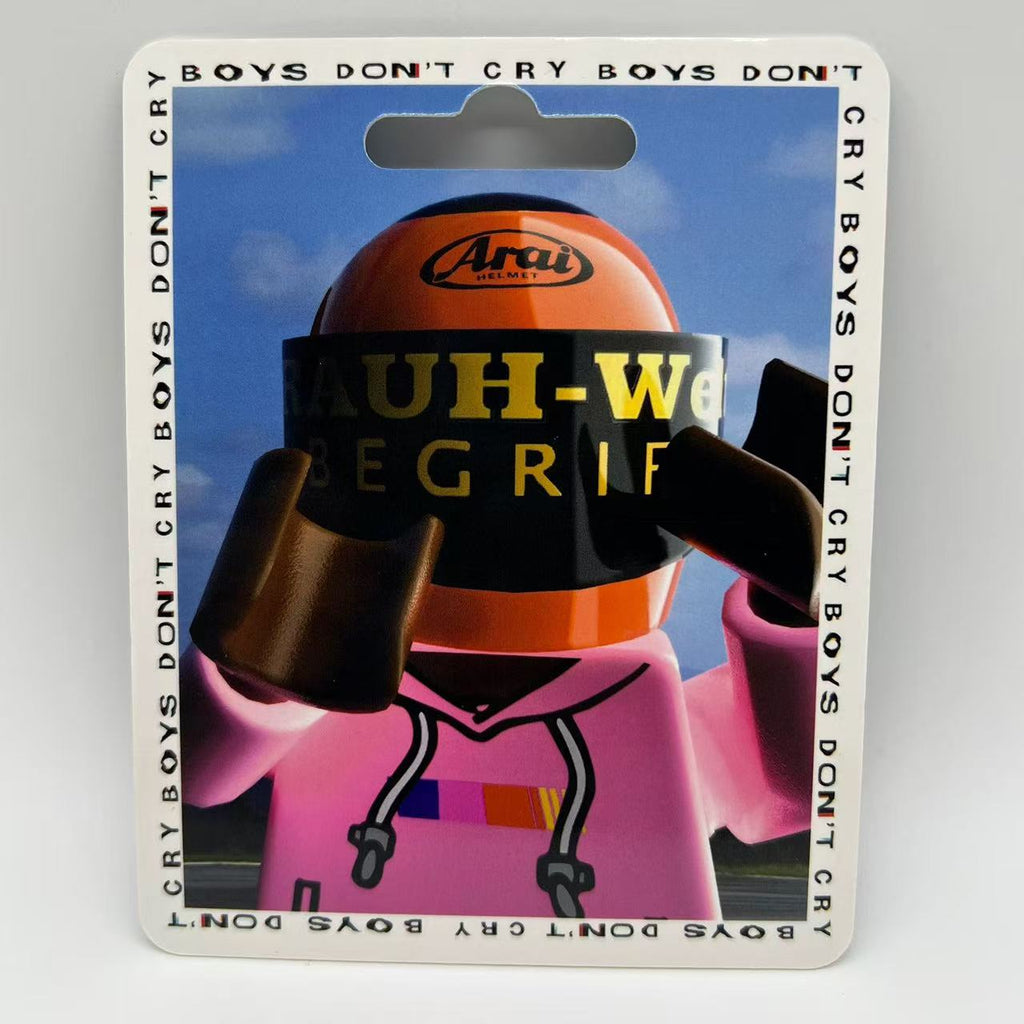 Frank Ocean "Blond" custom minifigure; pink hoodie, orange helmet, collectible packaging with album-themed design.