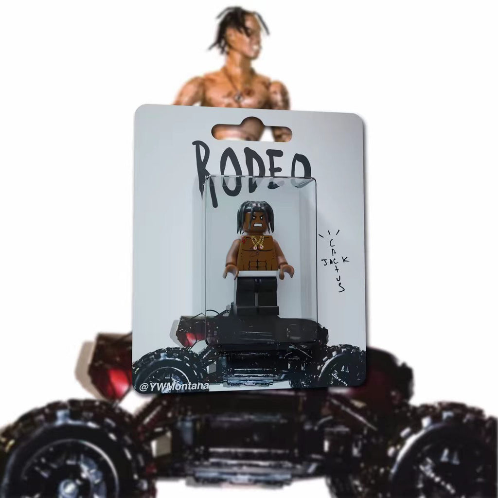 Travis Scott Rodeo Custom Minifigure in blister packaging, featuring detailed brown outfit and accessories.