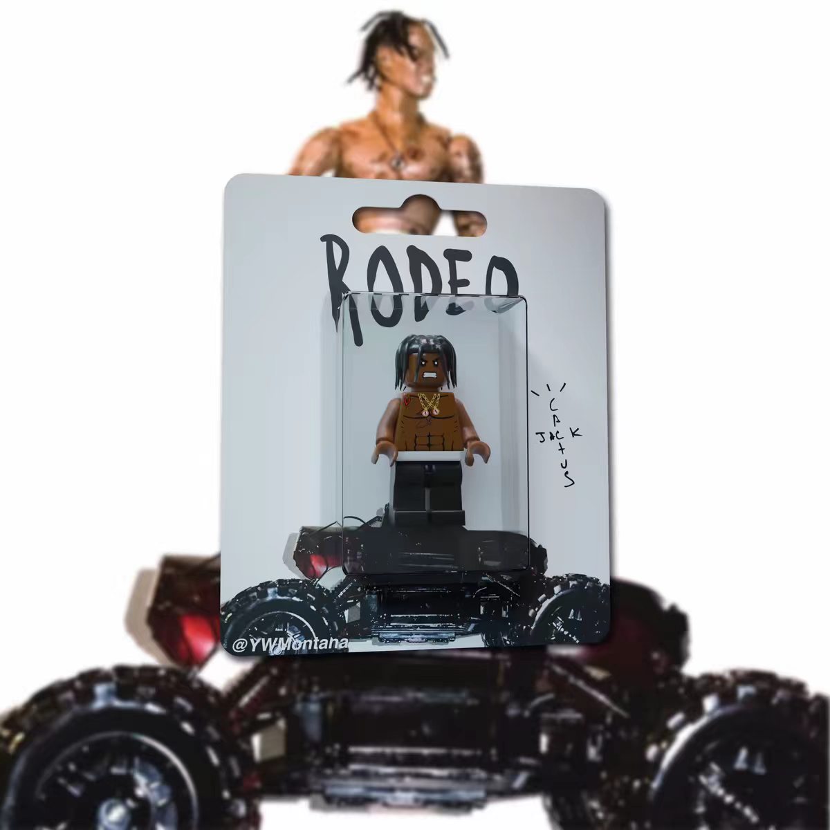 Travis Scott Rodeo Custom Minifigure in blister packaging, featuring detailed brown outfit and accessories.