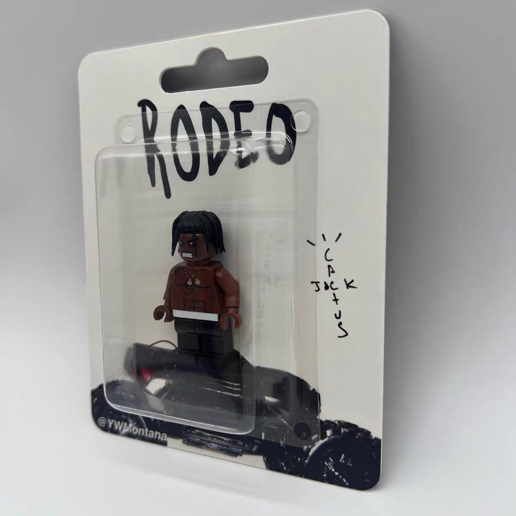 Travis Scott Rodeo Custom Minifigure in blister packaging, featuring detailed clothing and hair, compatible with LEGO.
