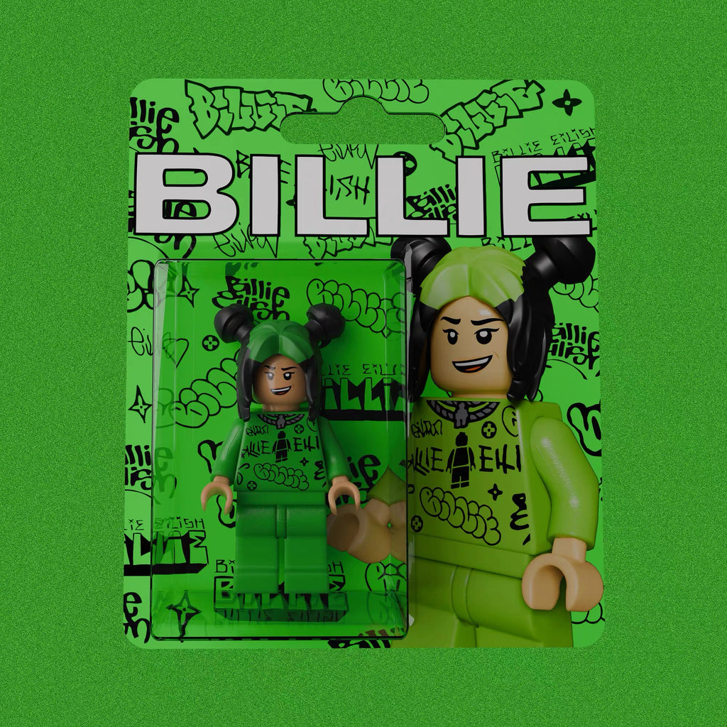 Billie Eilish custom minifigure in neon green streetwear, double buns hair, packaged in graffiti-themed blister pack.