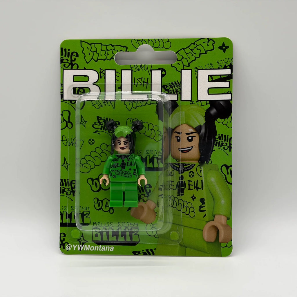 Billie Eilish Custom Minifigure in neon green streetwear with black and green hair, displayed in branded packaging.