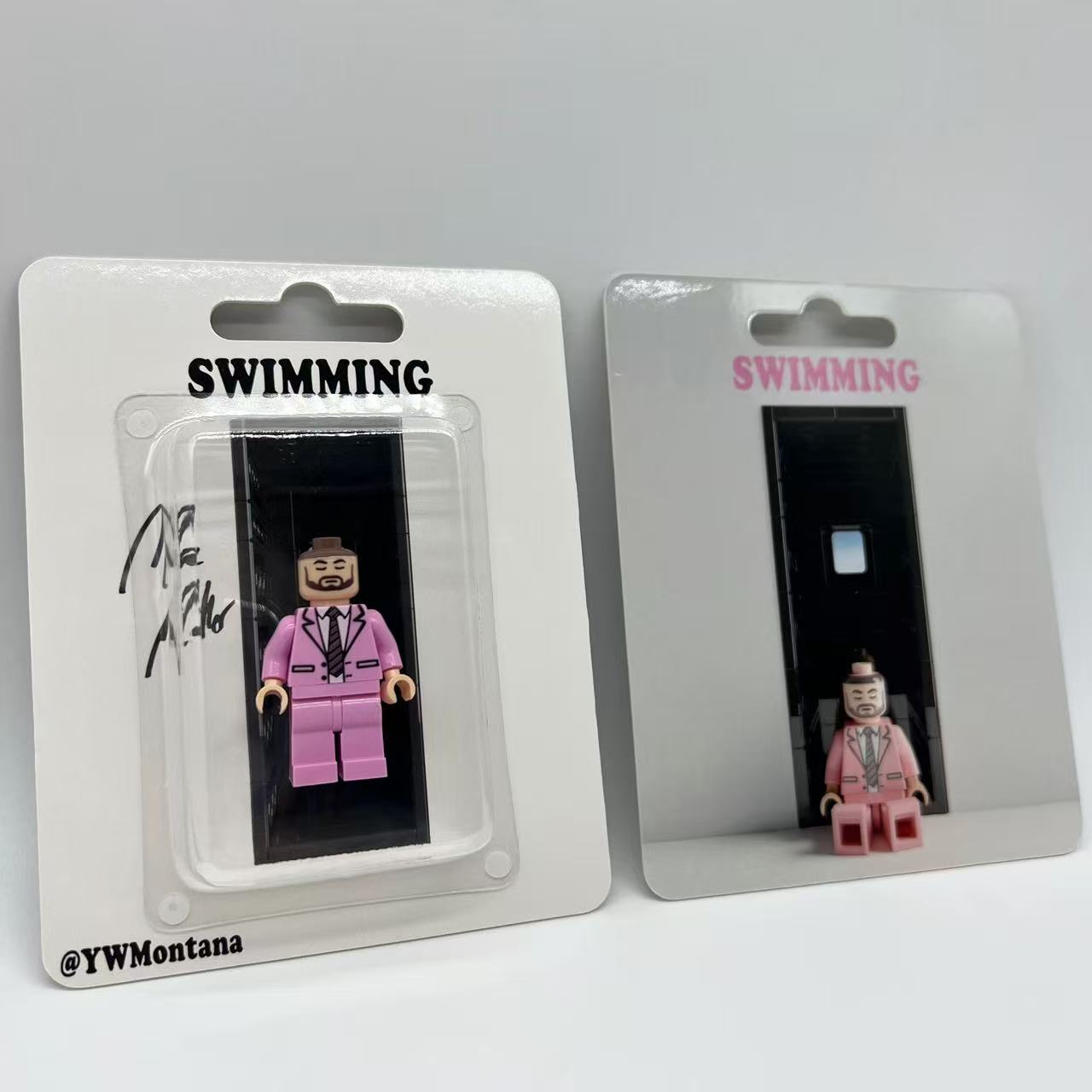 Mac Miller "Swimming" minifigure, pink suit, blister pack with album theme, custom toy collectible.